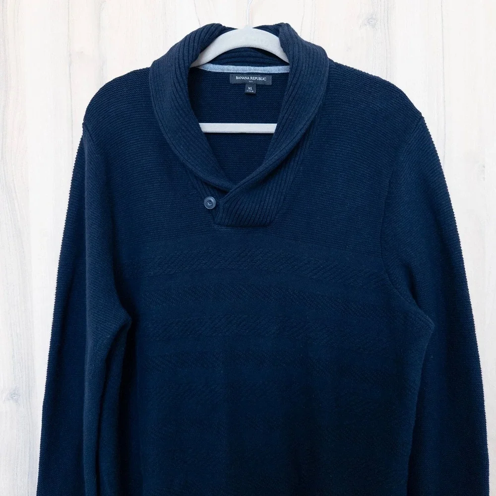Banana Republic Mens Shawl Collar Pullover Sweater Size XL Navy‎ Preppy Heritage